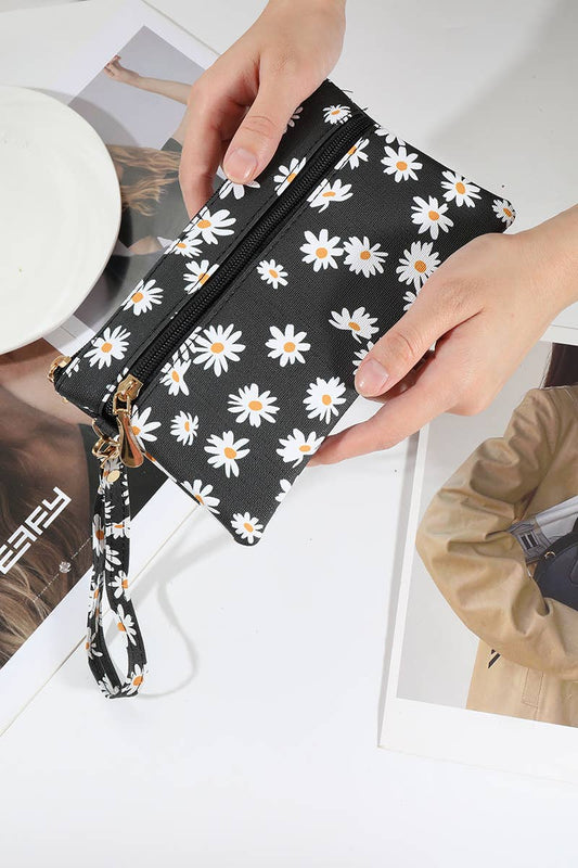 Daisy Printed Wristlet Wallet - Black