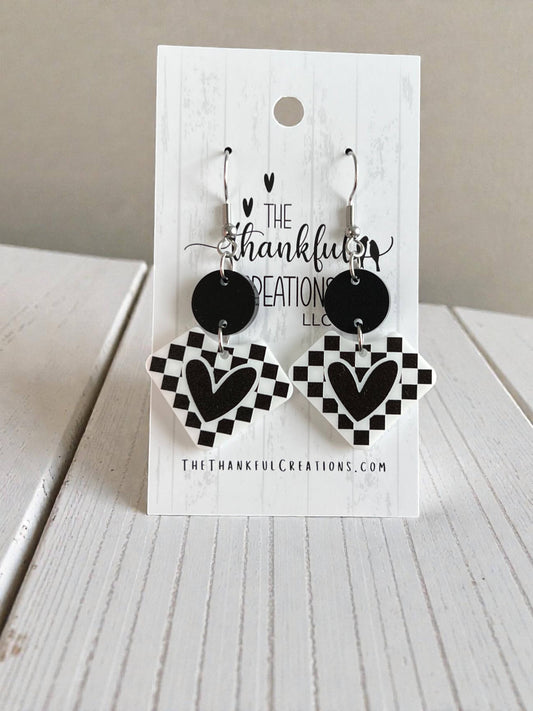 Handmade Checkered Heart Earrings Race Retro