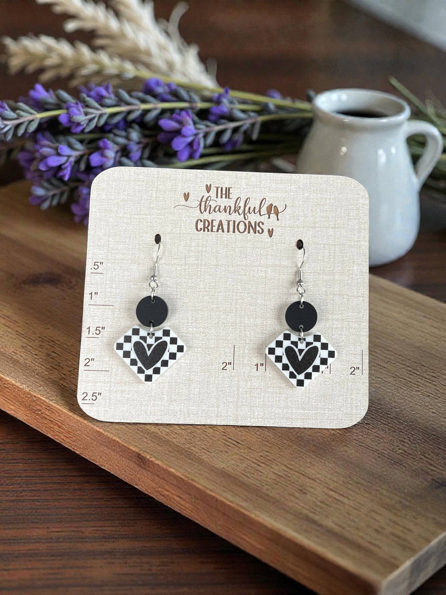 Handmade Checkered Heart Earrings Race Retro
