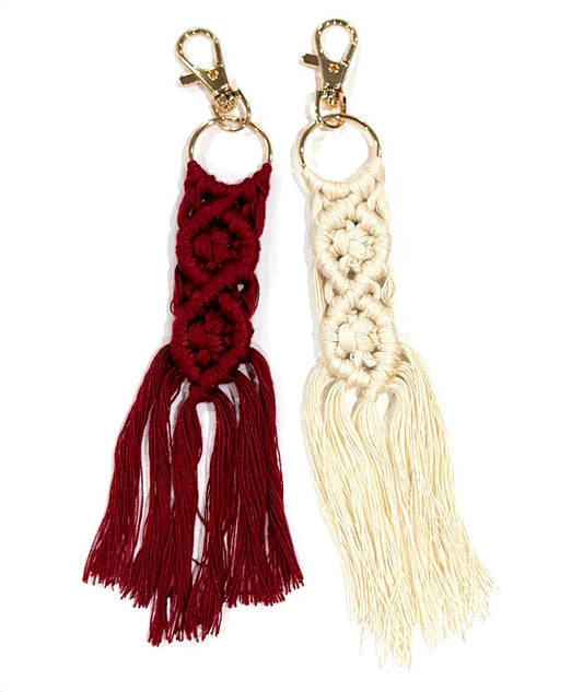 Bohemian Solid Color Cotton Tassel Bag Pendant Keychain:  Wine or Cream