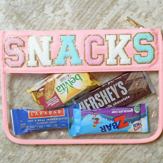 Snacks Varsity Letter Chenille Patches on Pink/Clear Pouch