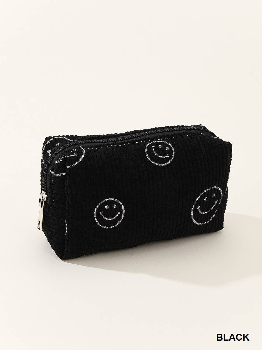 SMILEY FACE CORDUROY COSMETIC POUCH BAG: BLACK